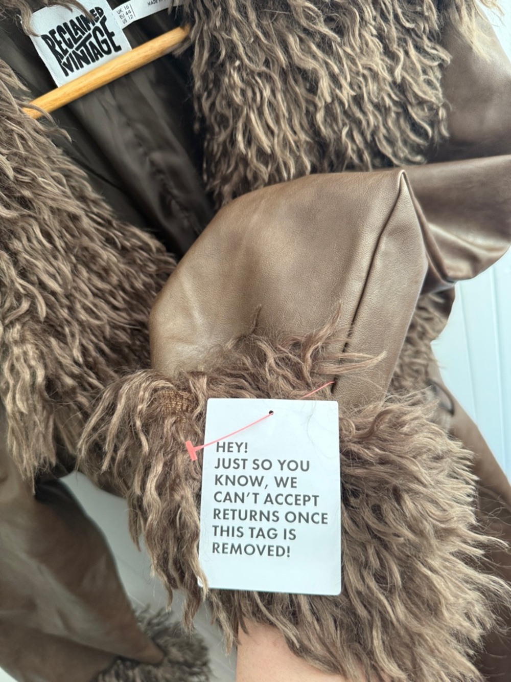 Reclaimed Vintage Brown Faux-Suede Trench Coat with Faux-Fur Trim - Picture 10 of 10